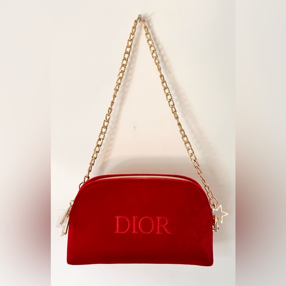 DIOR Beauty Red Velvet Velour Crossbody Gold Purse Chain Bag Card + Box - Picture 6 of 13